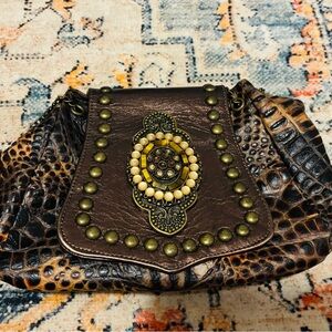 Leatherock Brown and Gold Embellished Saddle style shoulder bag or clutch style